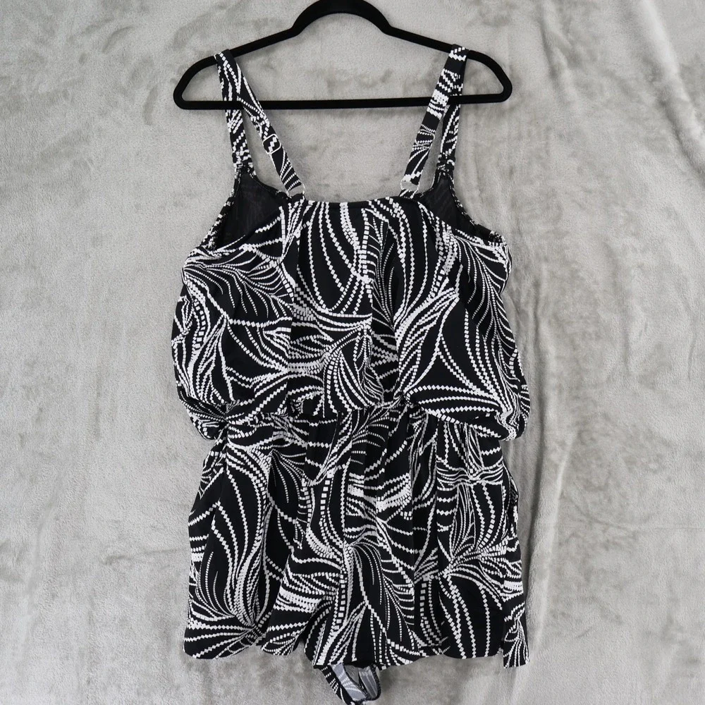 Swim Solutions Romper Swimsuit Women 20W Black Leaf Print Tummy Control $122 NWT - Picture 4 of 16